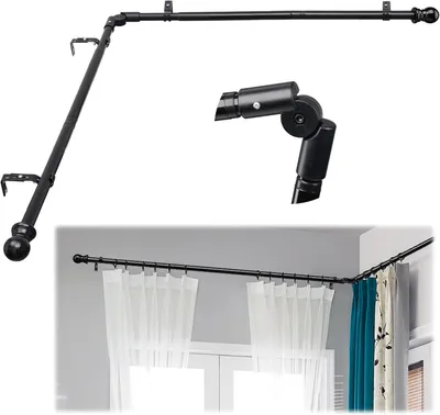 Image de Barre de rideau en forme de L, courbée - Réglable de 76 à 345 cm - Noire - Très robuste - Adaptée aux locations - Pour chambre/salon - Décoration de fenêtre