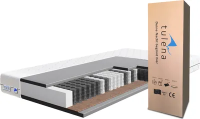 A cross-section of a mattress is shown next to its packaging, highlighting the internal layers and construction. The packaging displays the brand logo and some product information.