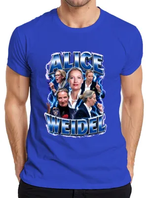 Immagine prodotto di Maglietta blu taglia L, con scritta "Alice Weidel AfD. Patriottismo. Germania." e un'espressione sarcastica. Adatta agli uomini