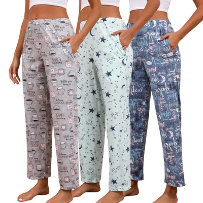 Immagine prodotto di Pantaloni pigiami da donna, confezione da 3, in cotone morbido, comodi pantaloni da casa