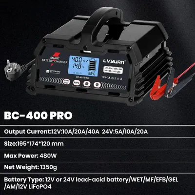 Obrázek produktu pro Nabíječka baterií 40A - 12V/24V, nabíječka pro automobily - pro olověné baterie, AGM, GEL, LiFePO4, EFB - funkce pulzní regenerace - zástrčka EU