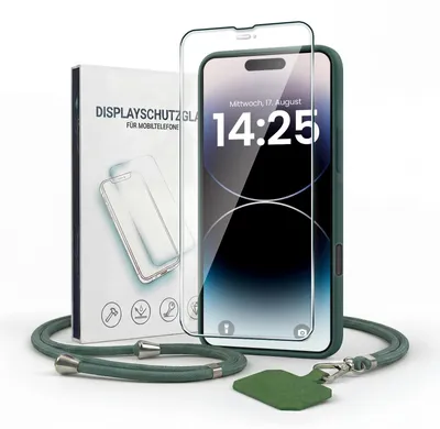 Produktbild von Handyhülle für Apple iPhone 16 Pro Max mit Handykette und 9H Displayglas Displayschutz Band Kordel Hülle Case Schutzhülle Grün