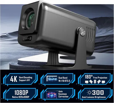 Image de Mini projecteur intelligent 1080P Full HD, compatible 4K, 300 ANSI lumens, avec Android 13, 12000 lumens, compatible avec les smartphones, Wi-Fi 6, Bluetooth et correction trapézoïdale