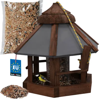 Image de KOTARBAU® Mangeoire Oiseaux À Suspendre Bois 31x28,5 cm Marron Mangeoire Oiseaux Extérieur avec Distributeur De Nourriture 0,5 kg