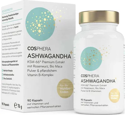 Produktbild von Cosphera Ashwagandha | 90 Kapseln | KSM-66®-Extrakt mit Rosenwurz,  Maca Pulver und Vitamin B-Komplex | vegan