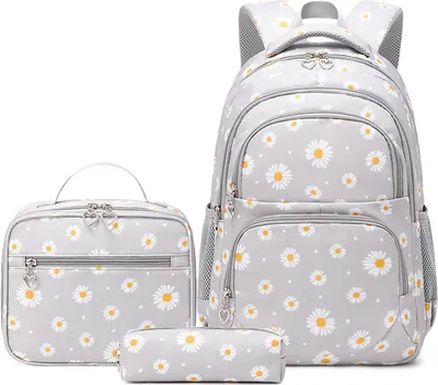 Produktbild von Schulrucksack Mädchen Teenager Damen Schultasche Rucksack Set Gänseblümchen Schulranzen mit Lunchpaket Tasche und Mäppchen, grau, Gänseblümchen