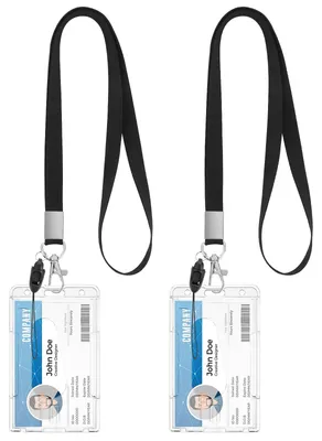 Image de Porte-badges en plastique rigide avec cordons, lot de 2, étui de protection pour cartes de crédit résistant avec pochette pour le pouce, bandoulière amovible, porte-badge transparent, porte-carte transparent