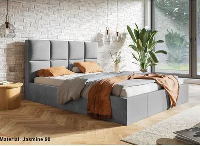 Produktbild von Polsterbett SLIM mit Kopfteil, 160x200 cm, Doppelbett mit Bettkasten und Lattenrost aus Holz, Velourstoff, Farbe: Grau