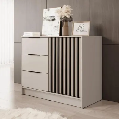 Produktbild von Kommode Stilo Kaschmir Beige mit Lamellen – 105 cm, 1 Tür, 3 Schubladen, Trendfarbe