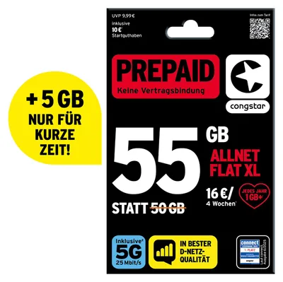 Produktbild von congstar Prepaid Allnet XL: 55 statt 50 GB Datenvolumen & Flatrate für Telefonie und SMS, 5G-Speed, EU-Roaming