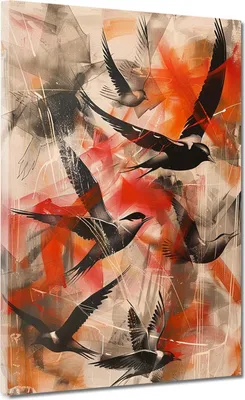 Produktbild von Abstrakt fliegende Vögel Red Style Leinwandbild Wandbild Kunstdruck XL Wanddeko: 90x120x2cm