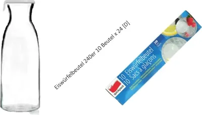Produktbild von Wasserkaraffe 1 Liter + plus Eiswürfelbeutel 240er 10 Beutel x 24 [D] + Eiszange