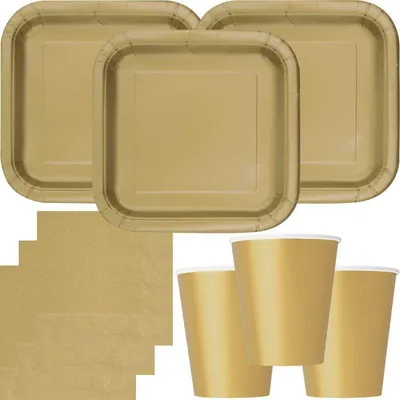 Produktbild von Party Deko Set gold Einweggeschirr für 14 Personen eckige Teller, Becher, Servietten
