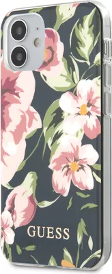 A close-up view of a smartphone case with a floral pattern.
