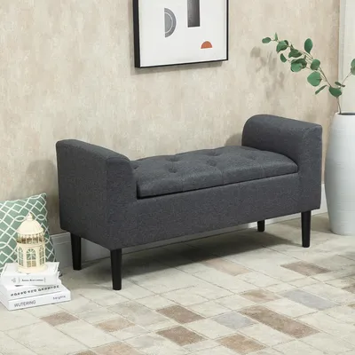 Produktbild von SUGIFT Polsterbank Bettbank Gummiholzbeine, Sitzbank mit Stauraum Leinenoptik Armlehnen, Dunkelgrau | Vintage-Design | bis 130 kg | 116 x 44 x 58 cm