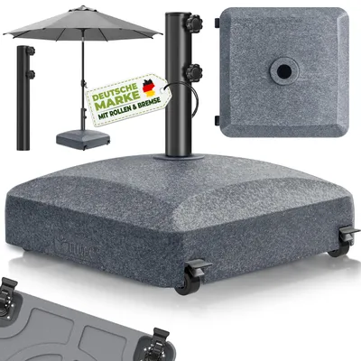 Zdjęcie produktu dla Stojak na parasol tillvex® PAVERA z kółkami i hamulcami, wykończenie imitujące granit | Stojak z możliwością napełnienia 37 litrów / 56 kg | Przeznaczony do parasoli ogrodowych i targowych o średnicy 1,8–3,7 m | Stojak na parasol typu „ampel” odporny na warunki atmosferyczne