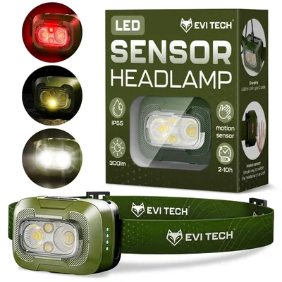 Produktbild von EVI TECH WaveBeam 300 LED Stirnlampe Akku USB-C Bewegungssensor 300lm Wasserdicht IP55 Kopflampe mit Rotlicht Outdoor Laufen Camping Grün