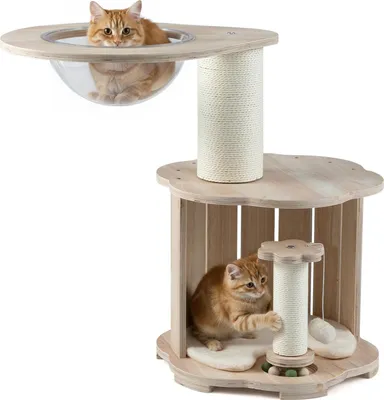 Productafbeelding van Een drielaags kattenboom van hout, met een holletje en krabpalen