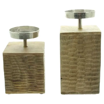 Produktbild von Kerzenhalter Holzsäule, 2er Set, Mangoholz, Aluminiumguss Maße: 10 x 10 x 14 cm, 10 x 10 x 19 cm, Kerzenteller Ø 7 cm