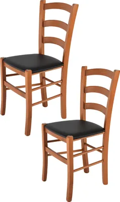 Produktbild von t m c s Tommychairs - 2er Set Stühle VENICE für Küche und Esszimmer, robuste Struktur aus lackiertem Buchenholz im Farbton Kirschholz und gepolsterte Sitzfläche mit KUNSTLEDER in der Farbe Schwarz bezogen