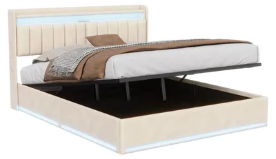 Image de Lit avec tête de lit capitonnée 140x200 cm - Lit avec rangement intégré et sommier à lattes - Éclairage LED et port de charge USB - Coffre de lit hydraulique et tête de lit avec espace de rangement - Tissu velours - Beige