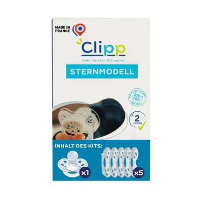 Produktbild von Clipp Set - Entwöhnungsschnuller Sterne + 5 Manschetten für die schrittweise Entwöhnung + Gebrauchsanweisung – Ab 2 Jahren