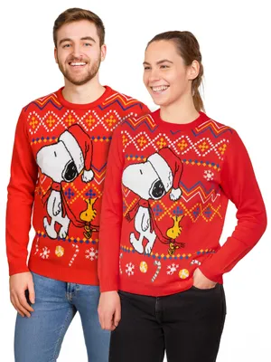 Produktbild von The Peanuts Snoopy Winterpullover für Herren & Damen - Winter Strick Pullover Sweatshirt Ugly Sweater Uni Rot M