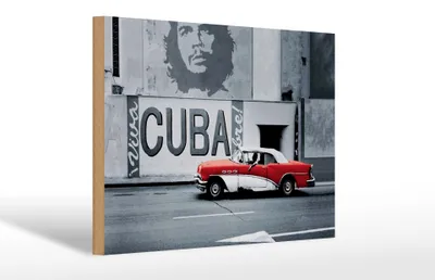 Produktbild von Holzschild Spruch 30x20cm Cuba Guevara Auto rot Oldtimer