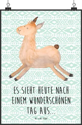 Produktbild von Mr. & Mrs. Panda Plakat Lama Springen DIN A5 - Aztekenblau - Geschenk, Lamas, Start, Deko Bild, Freundin, wanddeko, drucke, Guten Morgen, Wanddekoration, Liebeskummer