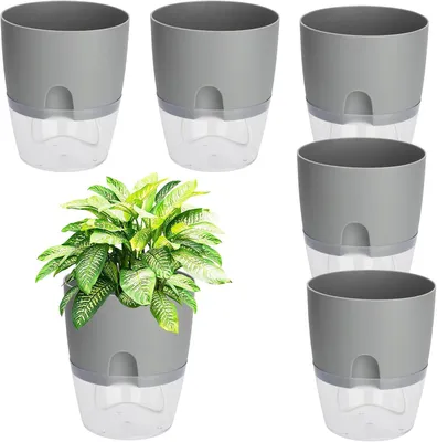 Produktbild von Set mit 6 selbstbewässernden Blumentöpfen aus Kunststoff, 15CM, graue Kräutertöpfe für Küche und Fensterbank