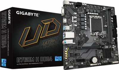 Zdjęcie produktu dla Gigabyte | B760M H DDR4 1.0 M/B | Rodzina procesorów Intel | Gniazdo procesora LGA1700 | DDR4 DIMM | Gniazda pamięci 2 | Obsługiwane interfejsy dysków twardych SATA, M.2 | Liczba złączy SATA 4 | Chips