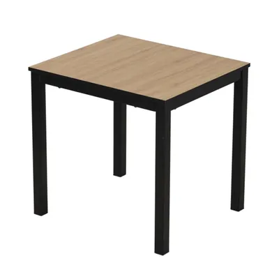 A square dining table with a wood-grain top and black metal legs, shown from a slightly elevated diagonal angle against a white background.