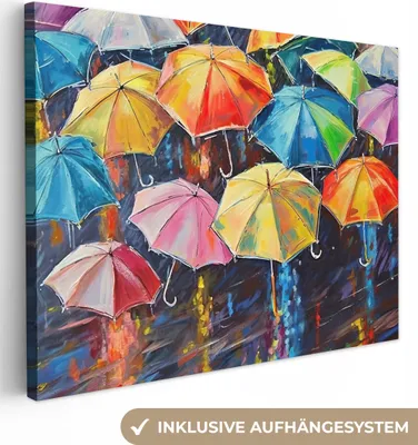 Produktbild von MuchoWow® - Leinwandbilder - Regenschirme - Malerei - Kunst - Regenbogen, Wandbild, Wanddeko Bilder Wohnzimmer, 120x90 cm