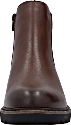 A front view of a brown leather ankle boot.