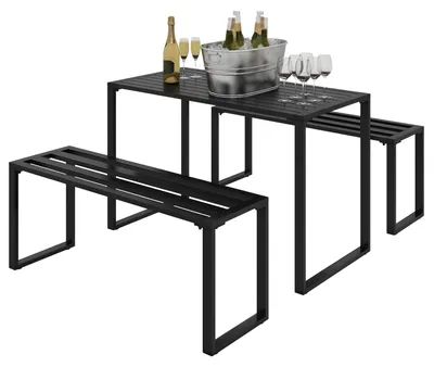 Produktbild von Gartengarnitur für 4 Personen, 1 Tisch & 2 Bänke, Metall, Schwarz