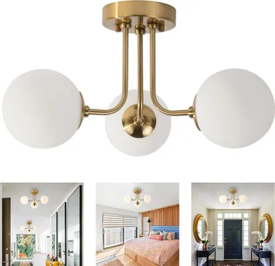 Produktbild von Moderne glasdeckenlampe gold, halbeinbau design mit 3 kugeln, e27 fassung, geeignet für wohnzimmer, küche, schlafzimmer