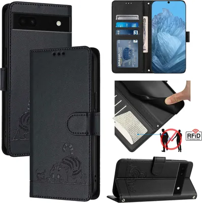 Obrázek produktu pro Kožené pouzdro pro Google Pixel 6A, sladká kočka Flip pouzdro s funkcí stojánku a peněženkou černé