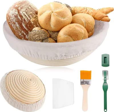 Produktbild von Gärkorb Gärkörbchen Brot Proofing Körbe 25cm Rund Brotkörbchen Für 1kg Brotteig für Gerkörbe Set aus natürlichem Peddigrohr mit Leinen-Liner-Tuch & Handgemacht,garkorb Brot mit Teigschaber
