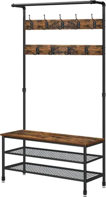 Image de Porte-manteau industriel - Étagère à vêtements et banc - Organisateur d'entrée - Design 4 en 1 - Largeur : 100 cm - Style vintage, couleur marron et noir