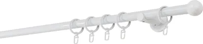 A white curtain rod with rings and a wall bracket, isolated on a white background.