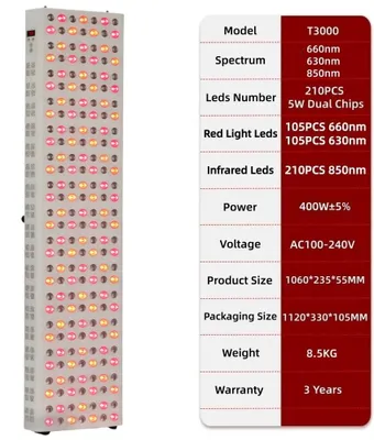 Immagine prodotto di Pannello di terapia con luce rossa - T3000PRO - LED - 630 nm, 660 nm e 850 nm - Luce infrarossa lontana - Per viso e corpo - Rassodamento della pelle
