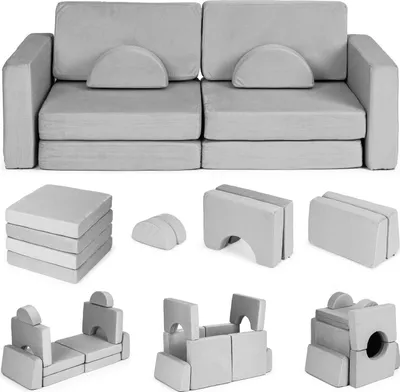 Obrázek produktu pro Velká 2místná modulární skládací pohovka pro děti DIY s 10 měkkými polštáři - šedá ECOTOYS