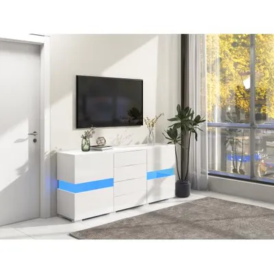 Produktbild von okwish LED TV-Ständer Sideboard Hochglanz Weiß Kommode Schrank mit 4 Schubladen 2 Türen für Esszimmer Wohnzimmer