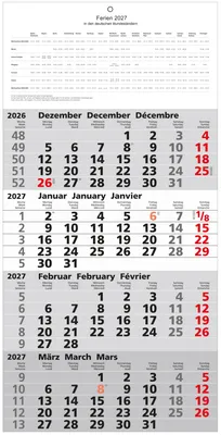 Produktbild von Kalender 2027 4-Monatskalender 30 cm x 60 cm 3-sprachig 2-farbiger Druck Schulferienübersicht