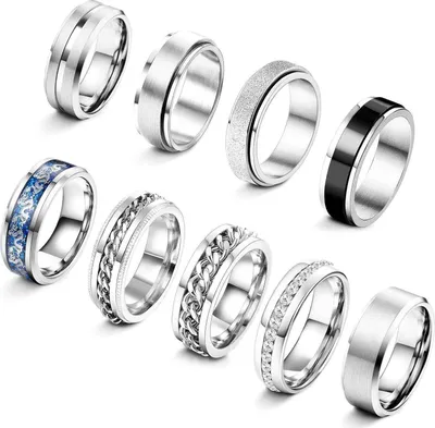 Immagine prodotto di Set di 9 anelli in acciaio inossidabile da uomo, adatti per fidget spinner, stile vintage, con sigillo, design a fascia, colore nero e argento, taglia 69 (22.0)