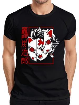 Produktbild von Tanjiro Kamado Kimetsu no Yaiba Fuchsmaske Anime Geschenk Herren T-Shirt, Schwarz, XL