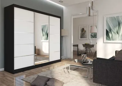 Produktbild von AGMAT Schwebetürenschrank Kira, Kleiderschrank mit 3 Türen und Spiegel, Moderne Garderobe in Farbe: Schwarz / Weiß, Schrank in Größe: 240 x 216 x 61 cm