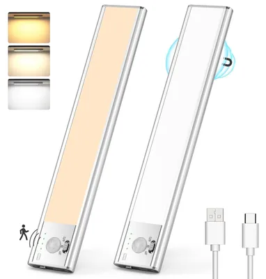 Imagen del producto de Lureshine, luz LED para debajo de los armarios de cocina, con 76 LEDs, luz para armarios con sensor de movimiento, 3 modos de color, regulable. Tira de LED con batería, recargable por USB, luz para armarios, ideal para armarios y vestidores. Pack de 2 unidades