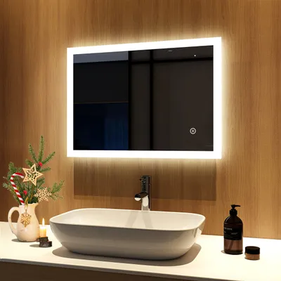 Produktbild von Meykoers Badspiegel, 50x70 cm, Kaltweiß 6500K, energiesparender Touchschalter, Wandmontage, IP44, Aluminium, gleichmäßige Lichtstreuung