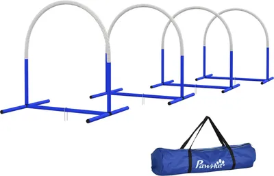 Zdjęcie produktu dla Zestaw do Agility dla psów, 4 sztuki, 88 x 64 x 95 cm, z 4 kokardkami, torba transportowa, przenośny, dla starszych lub bardzo młodych psów, PE, ABS, biały